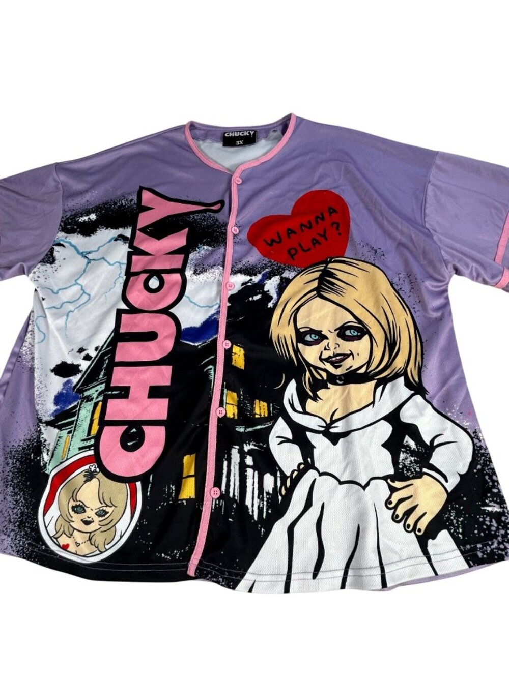 Chucky Loungewear Jersey Button-Up Shirt 3X Purple Tiffany Bride Of Chucky